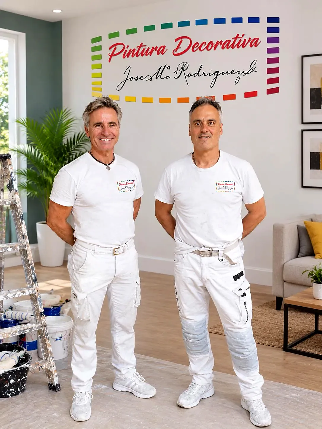 José María Rodríguez y Juanje con ropa de trabajo delante del logo de Pintura Decorativa